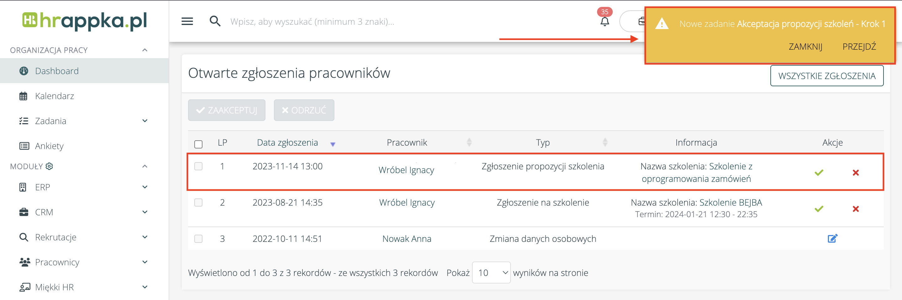 Akceptowanie propozycji szkolenia