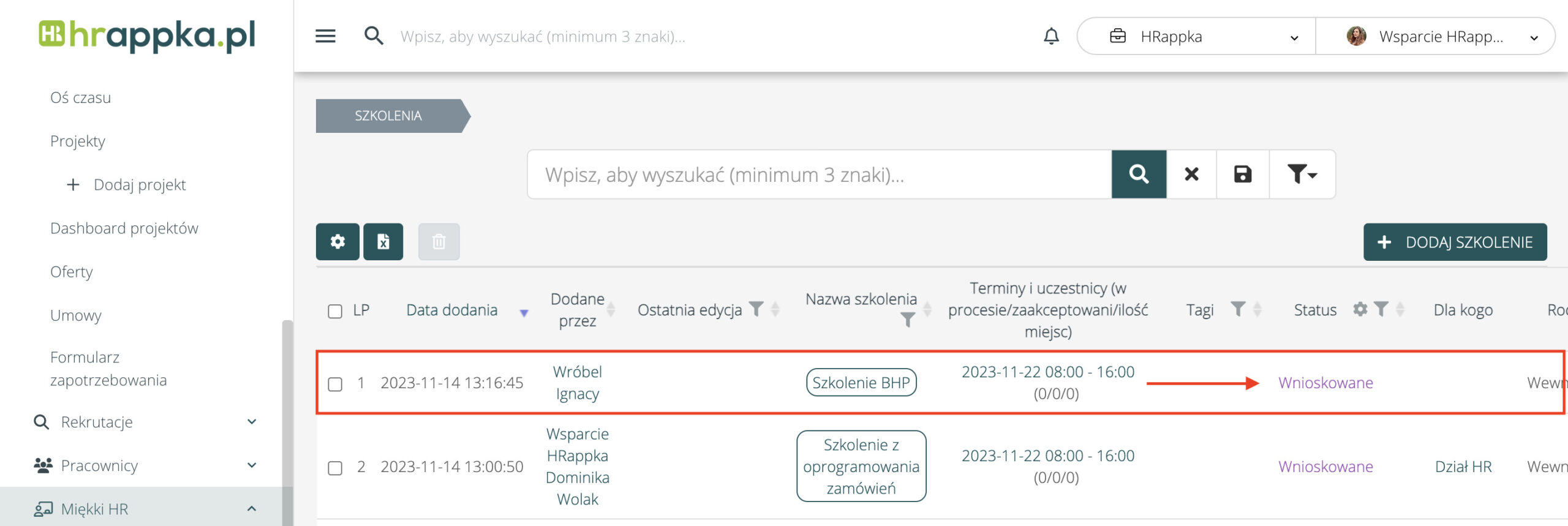 Wnioskowane szkolenie